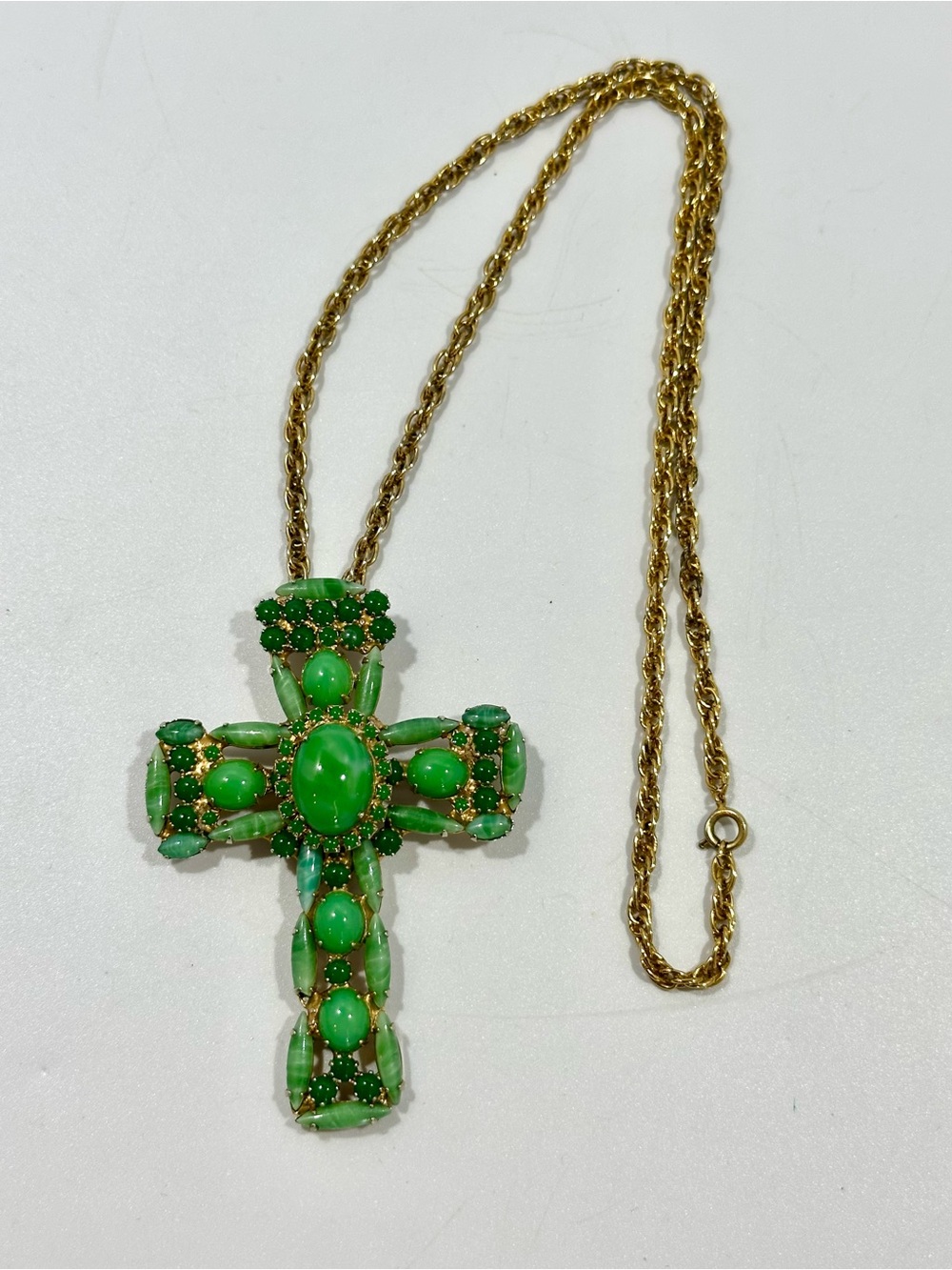 Rare Vintage Alice Caviness Green Art Glass Cross Pendant Brooch D&E Signed